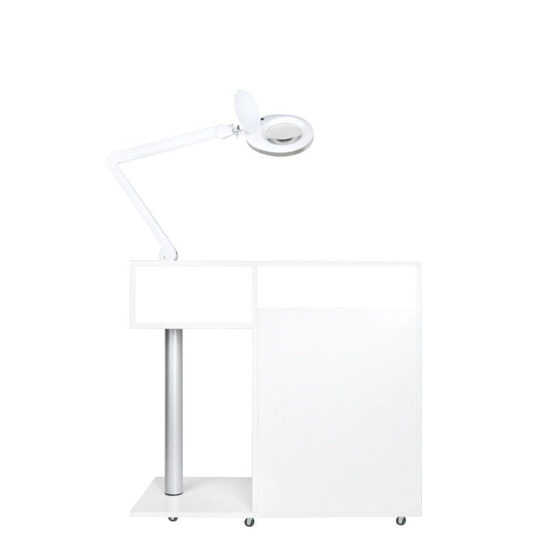 Witte pedicure werkwagen met 3 lades, opbergvak voor frezen, verstelbare lamp en wielen.