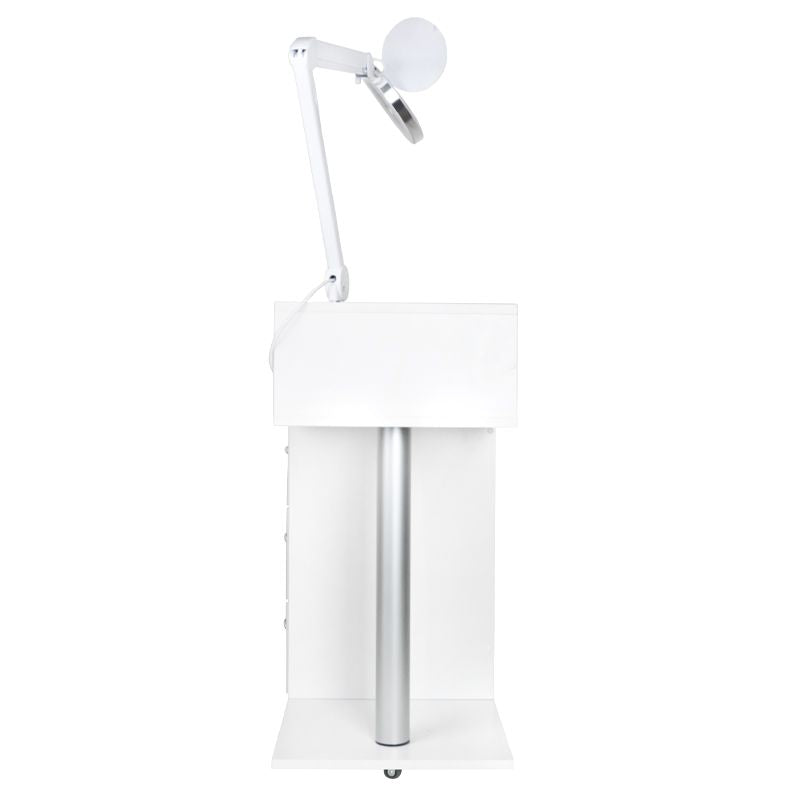 Giovanni pedicure werkwagen met 3 laden, UV-C lade, frezenrek, houder TUBE loupe-lamp, metalen wielen.