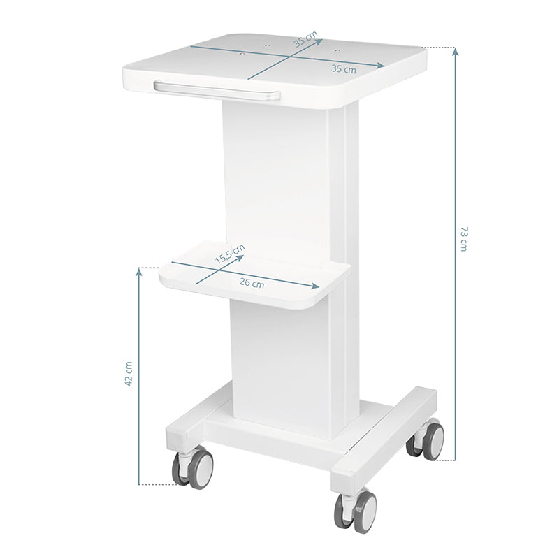 Giovanni verrijdbare werktafel met wieltjes en rem, compact ontwerp, twee planken, wit, voor cosmetische apparatuur
