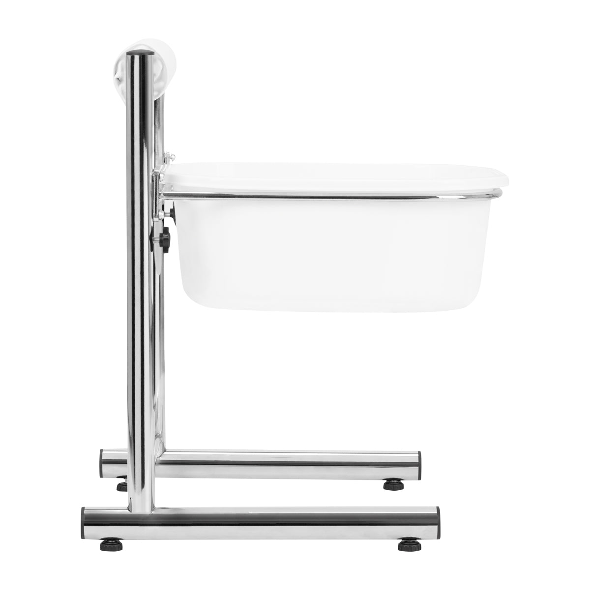 AS pedicure voetbad met verstelbare hoogte en beensteun, wit badkuipje op chroomframe.