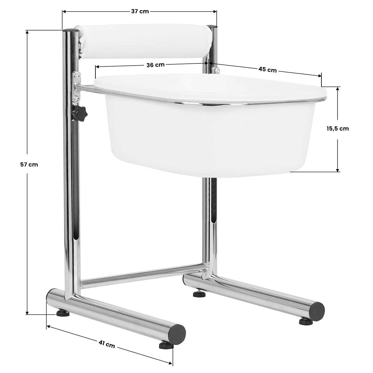 AS pedicure voetbad met verstelbare hoogte en beensteun op chroomframe, ideaal om voeten te weken.