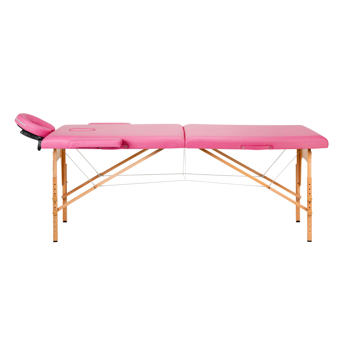 Roze houten opvouwbare massagetafel, twee segmenten, Komfort Activ Fizjo, ideaal voor fysiotherapie.