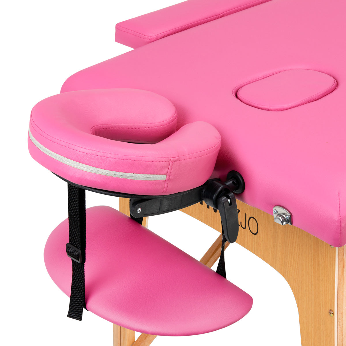 Roze houten klapbare massagetafel met twee segmenten en verstelbare hoofdsteun.