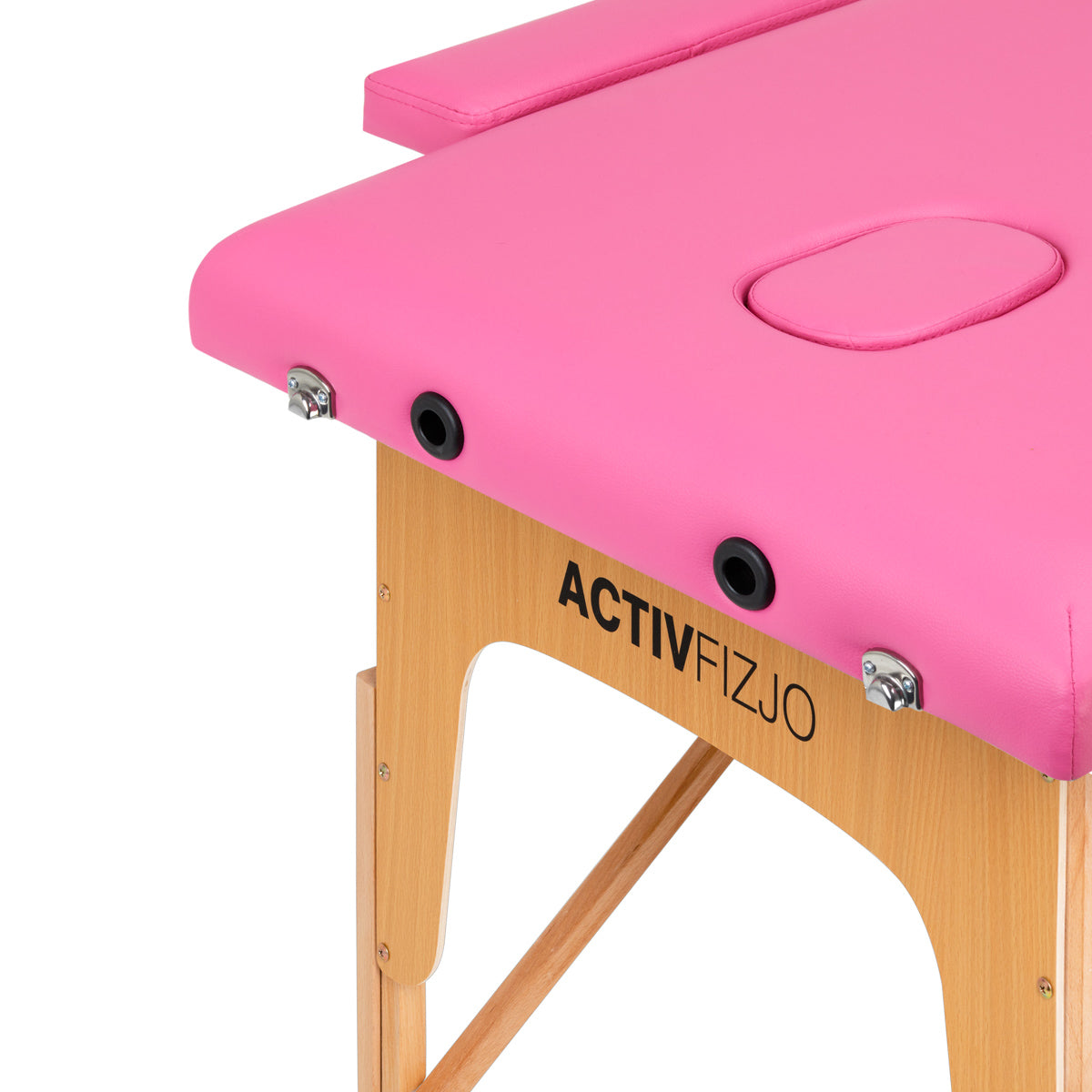 Klapbare houten massagetafel met roze bekleding en gezichtsgat, Activ Fizjo