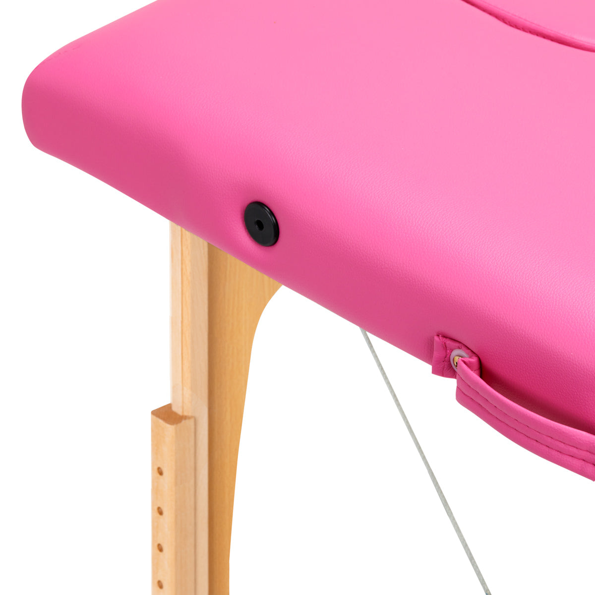 Roze houten inklapbare massagetafel met twee segmenten en draagriem