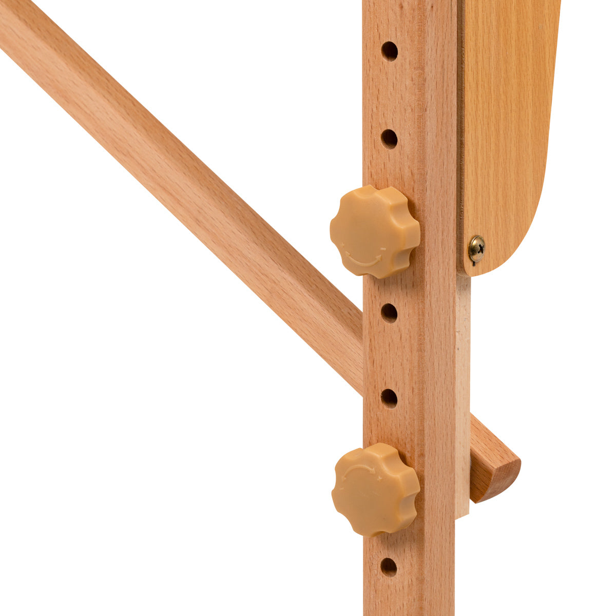 Houten onderstel van een tweedelige, inklapbare massagetafel met verstelbare knoppen.
