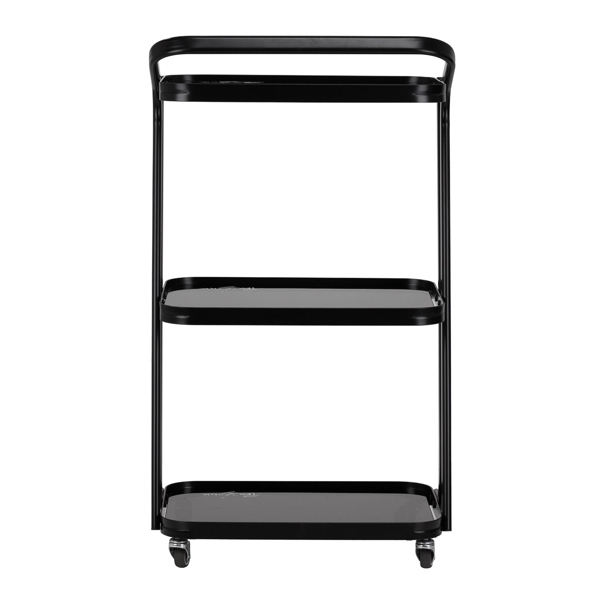 PI verrijdbare werktafel, zwart met drie niveaus en wielen, geschikt voor beauty en nagels.