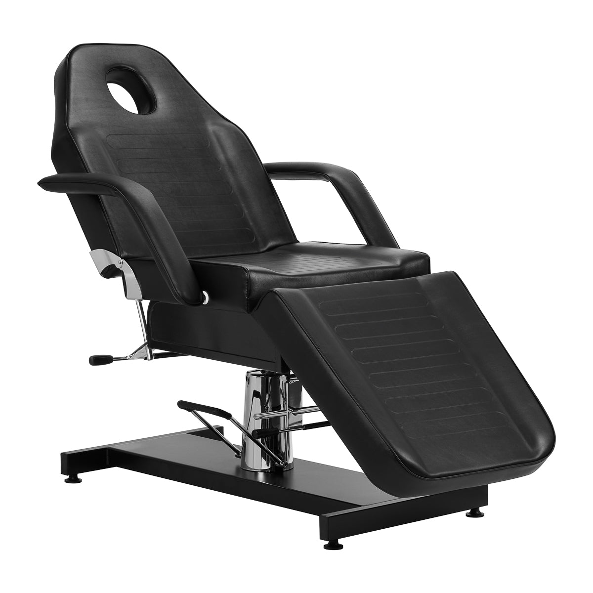 Black hydraulic treatment chair with adjustable height, swivel base, and extendable leg rest for salon use.