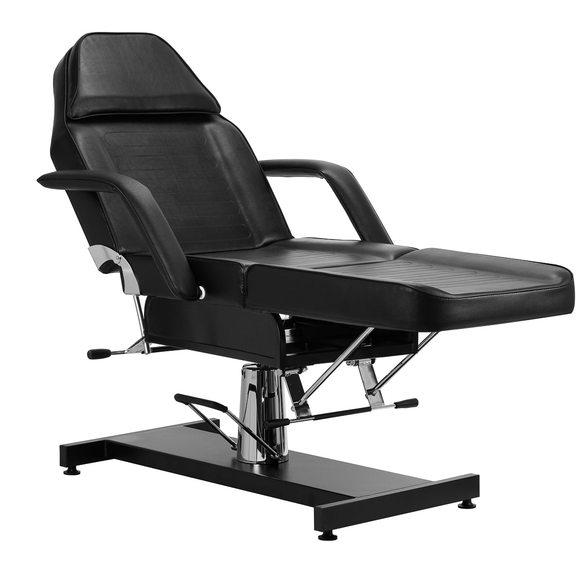 Sillon black hydraulic treatment chair with adjustable height, full swivel, and cushioned seat.