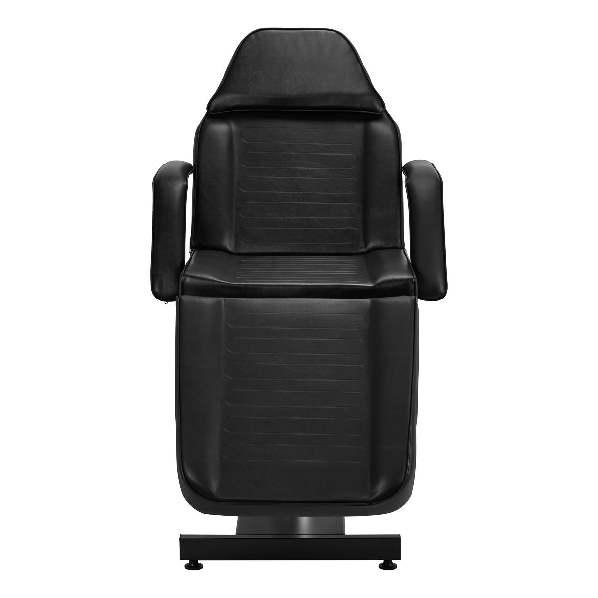 Black hydraulic treatment chair with adjustable height, full swivel and padded armrests.