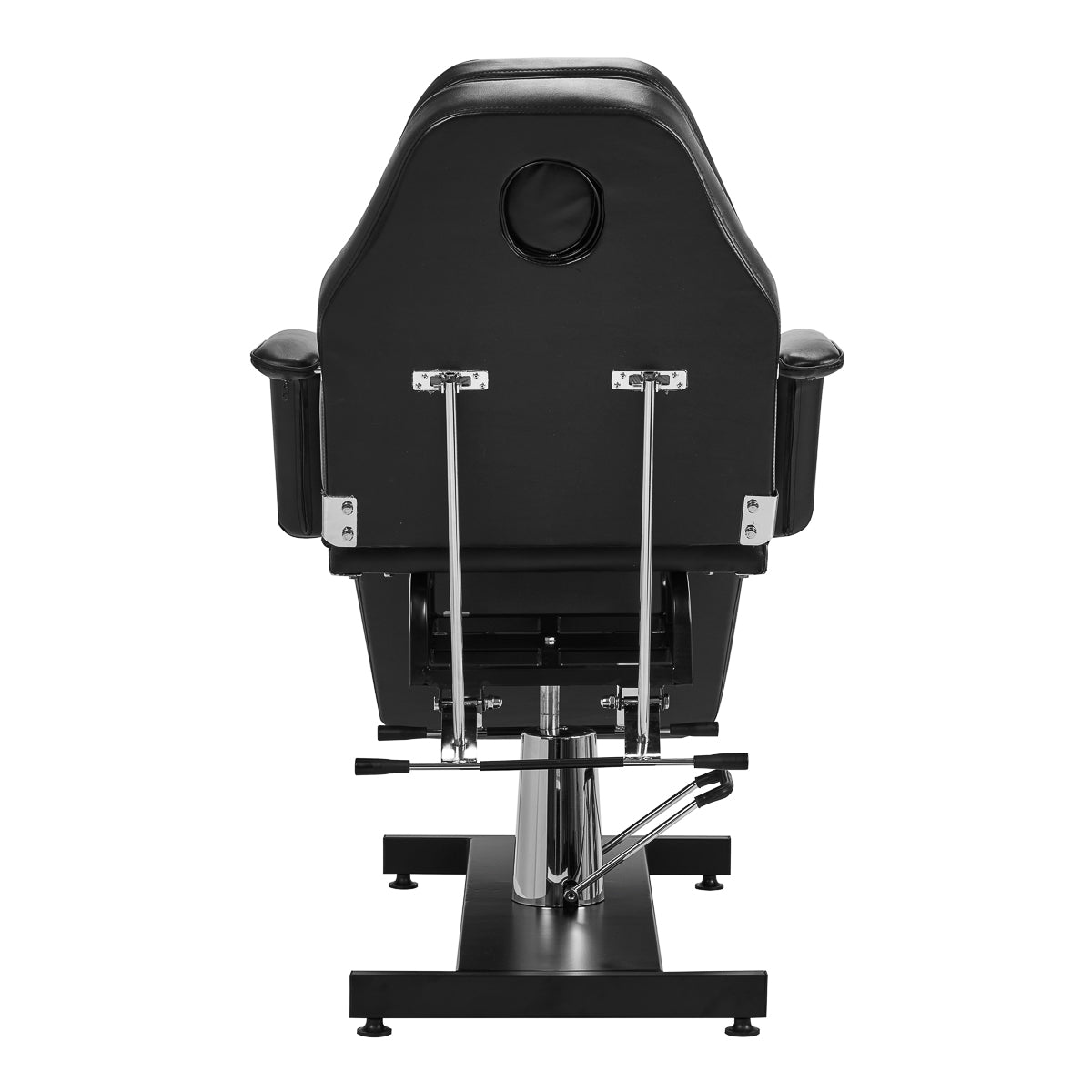 Black hydraulic treatment chair with chrome base, adjustable height, full swivel.