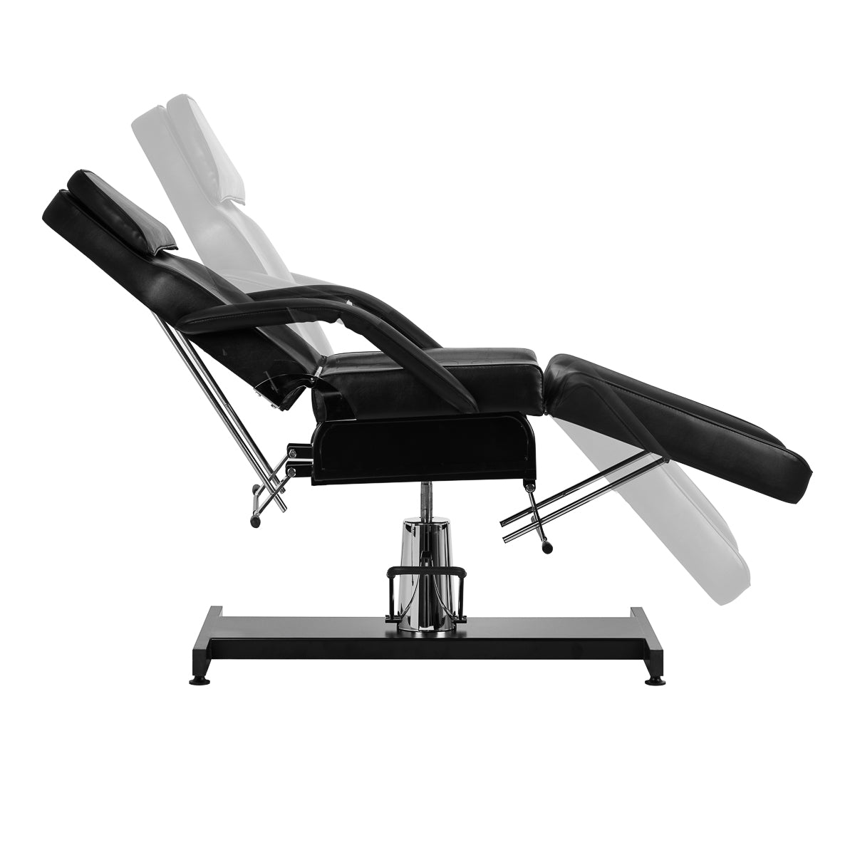 Black hydraulic treatment chair with adjustable height, reclining backrest, and swivel base.