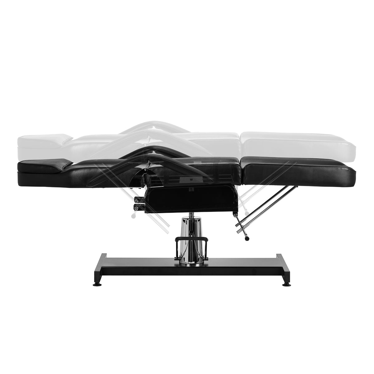 Black hydraulic treatment chair with adjustable height, full swivel, and reclining sections for salons.