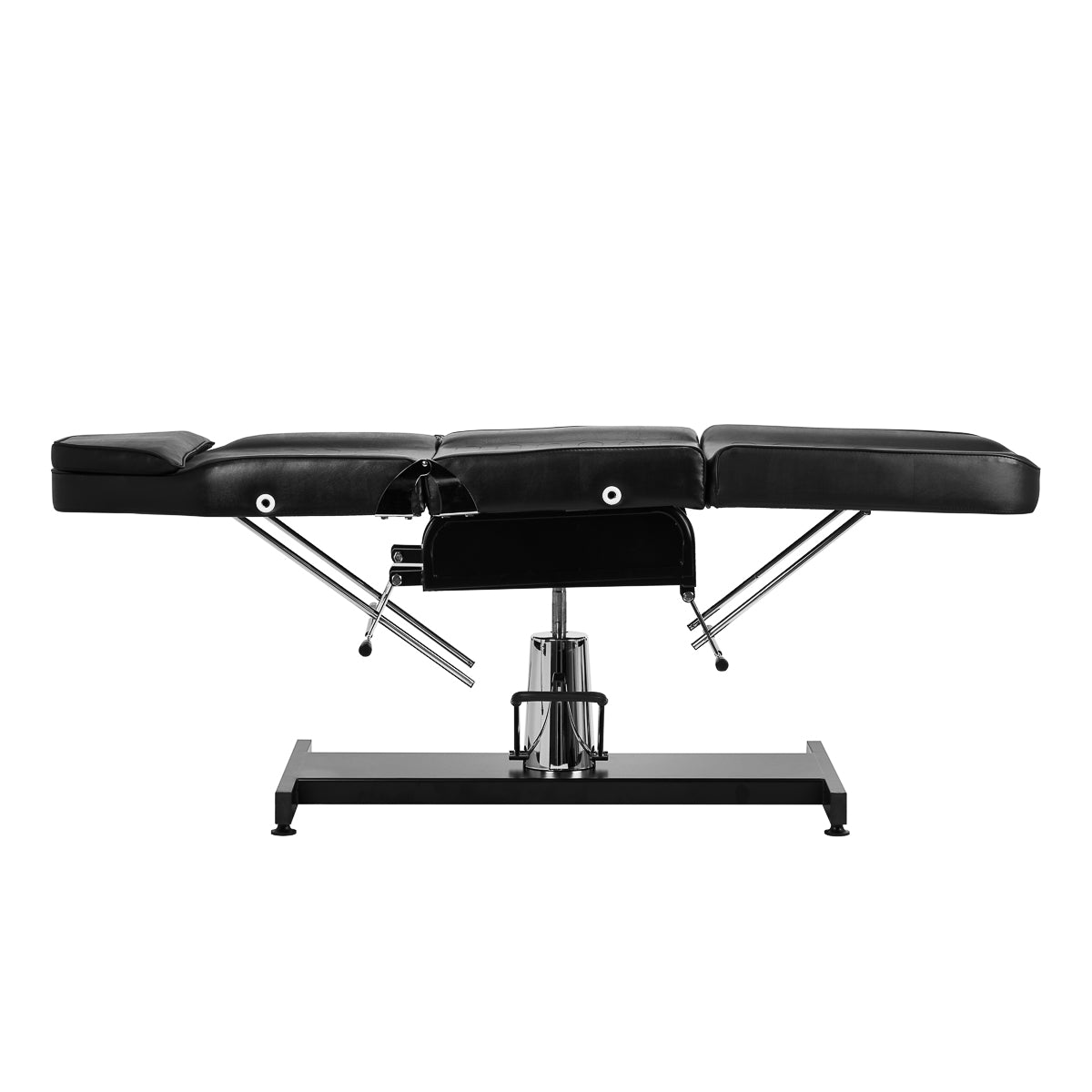 Black hydraulic treatment chair with height adjustment, full swivel, fold-out sections and chrome base.
