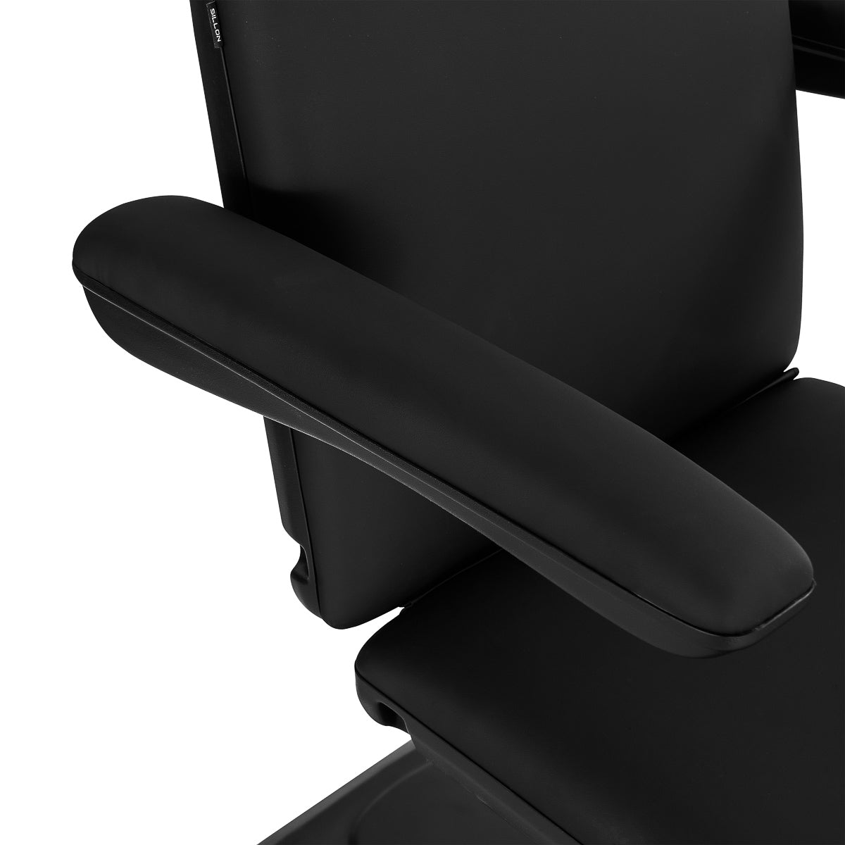 Black armrest of Sillon Eclipse electric treatment chair, modern comfort.