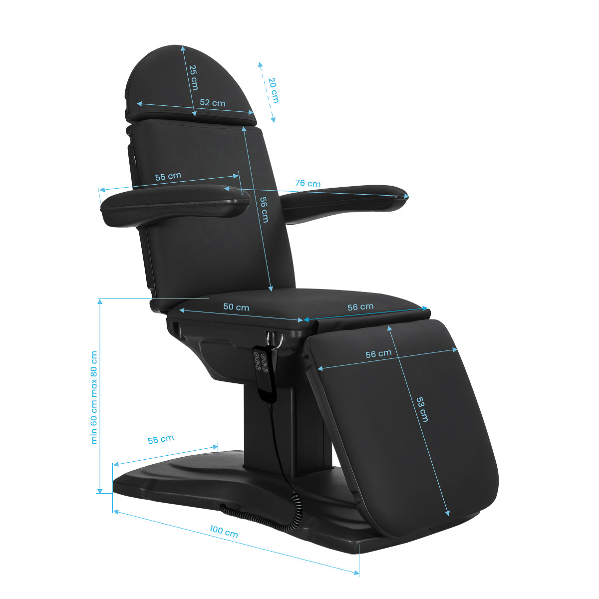 Sillon Eclipse electric treatment chair with three motors and remote control for height, backrest, and footrest.