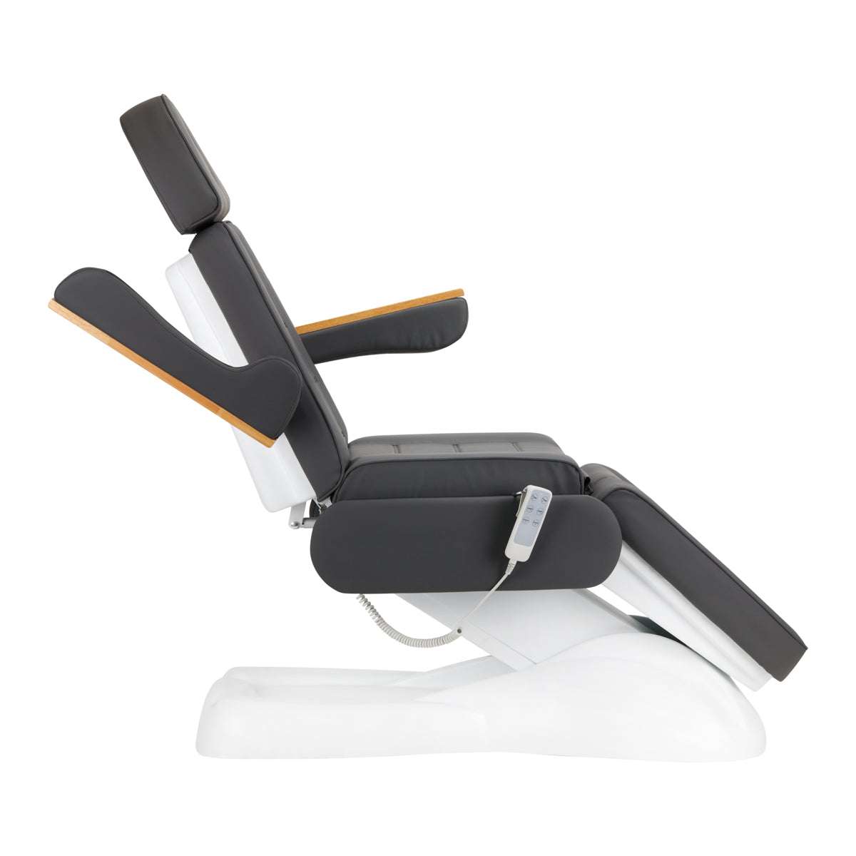 Sillon Lux 273B electric treatment chair with gray upholstery, wooden armrests, white base, and remote.