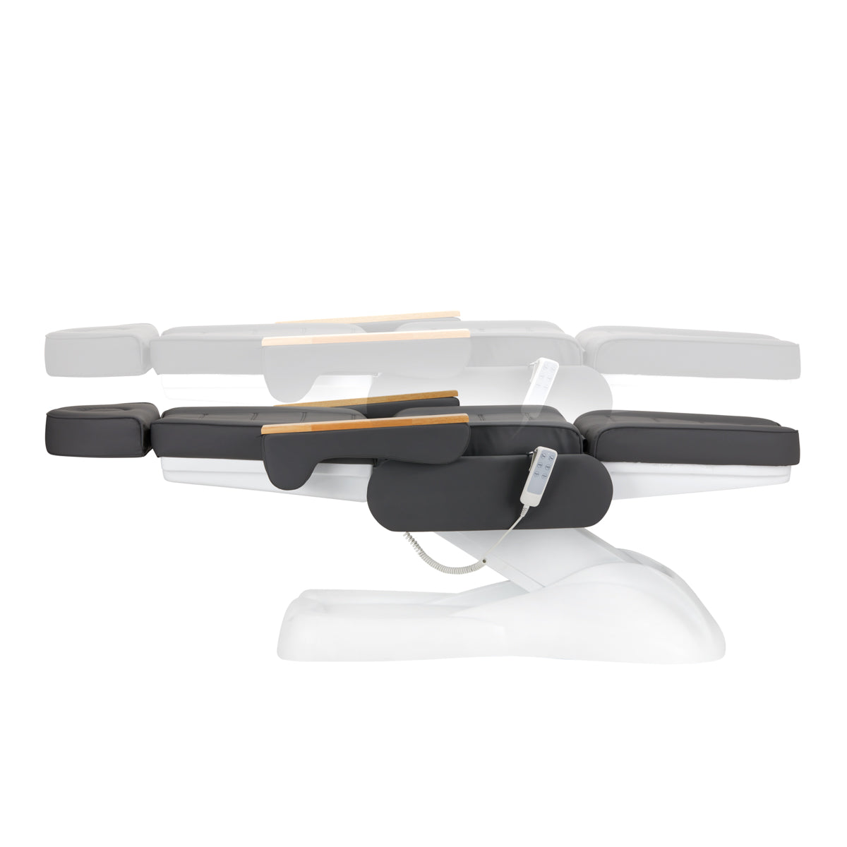 Sillon Lux 273B electric treatment chair with three silent motors and intuitive remote, white base and wide seat.