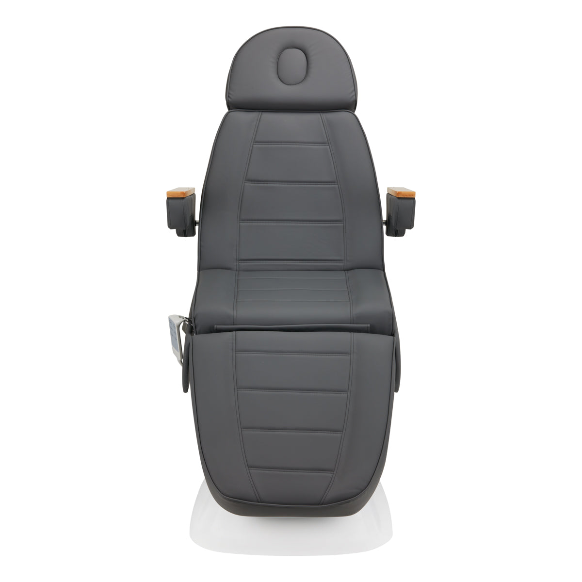 Sillon Lux 273B electric treatment chair in dark gray leather with headrest and wooden armrests.