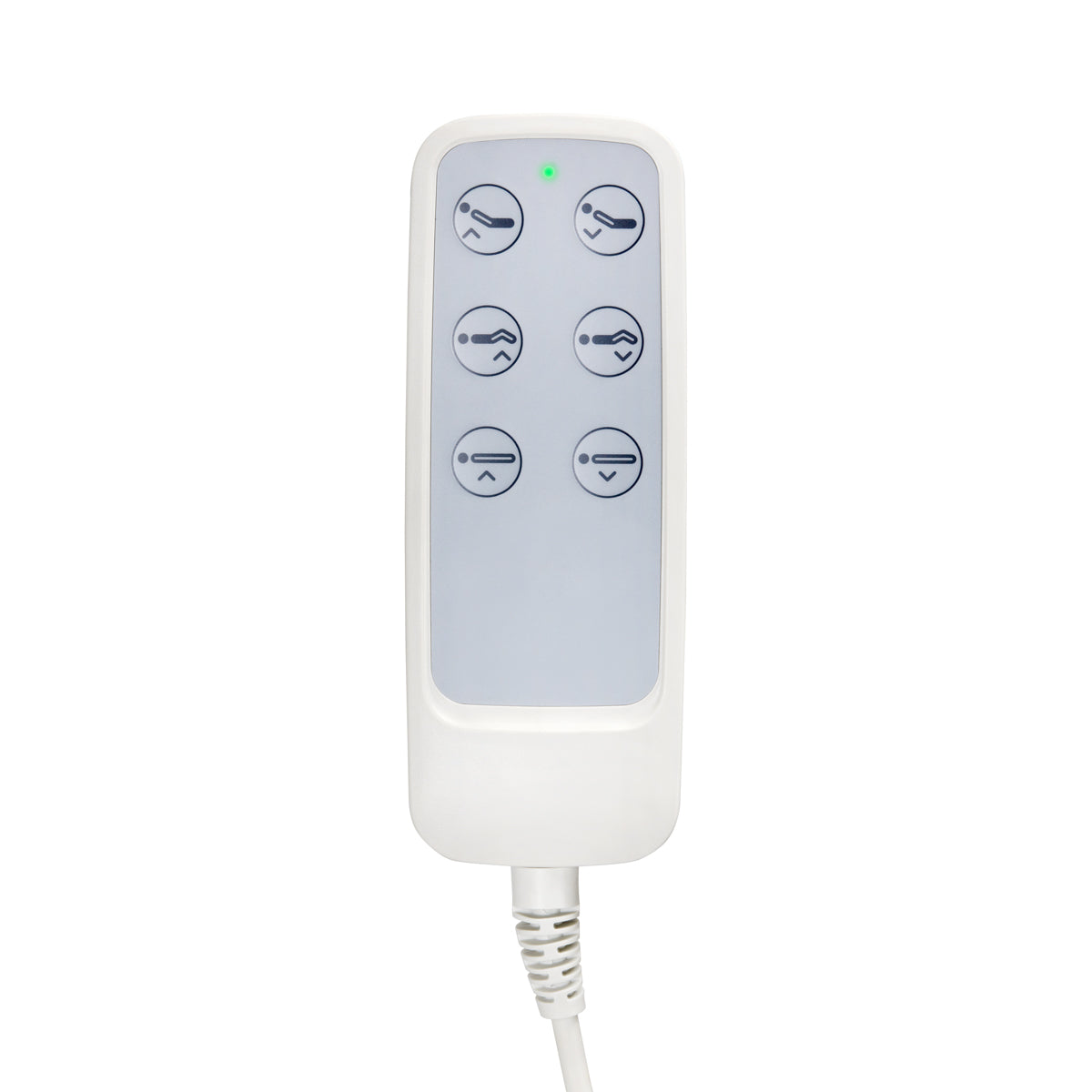 White corded remote control with blue panel, six circular buttons, and a green LED indicator.