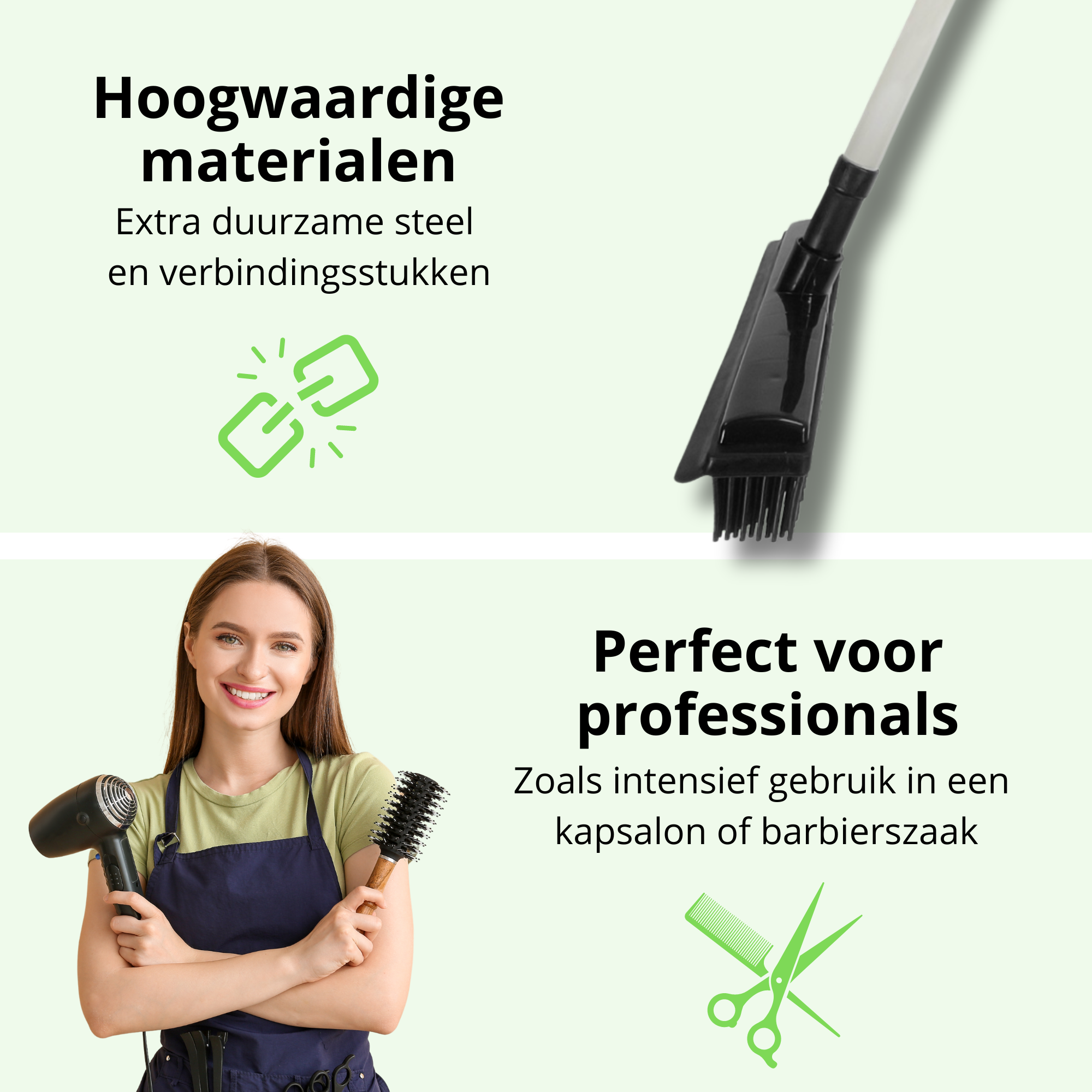 De kappersbezem is vervaardigd uit hoogwaardige materialen, waardoor zowel de steel als de verbindingsstukken stevig en duurzaam zijn, waardoor hij uitermate geschikt is voor professioneel gebruik in een kapsalon of barbierszaak