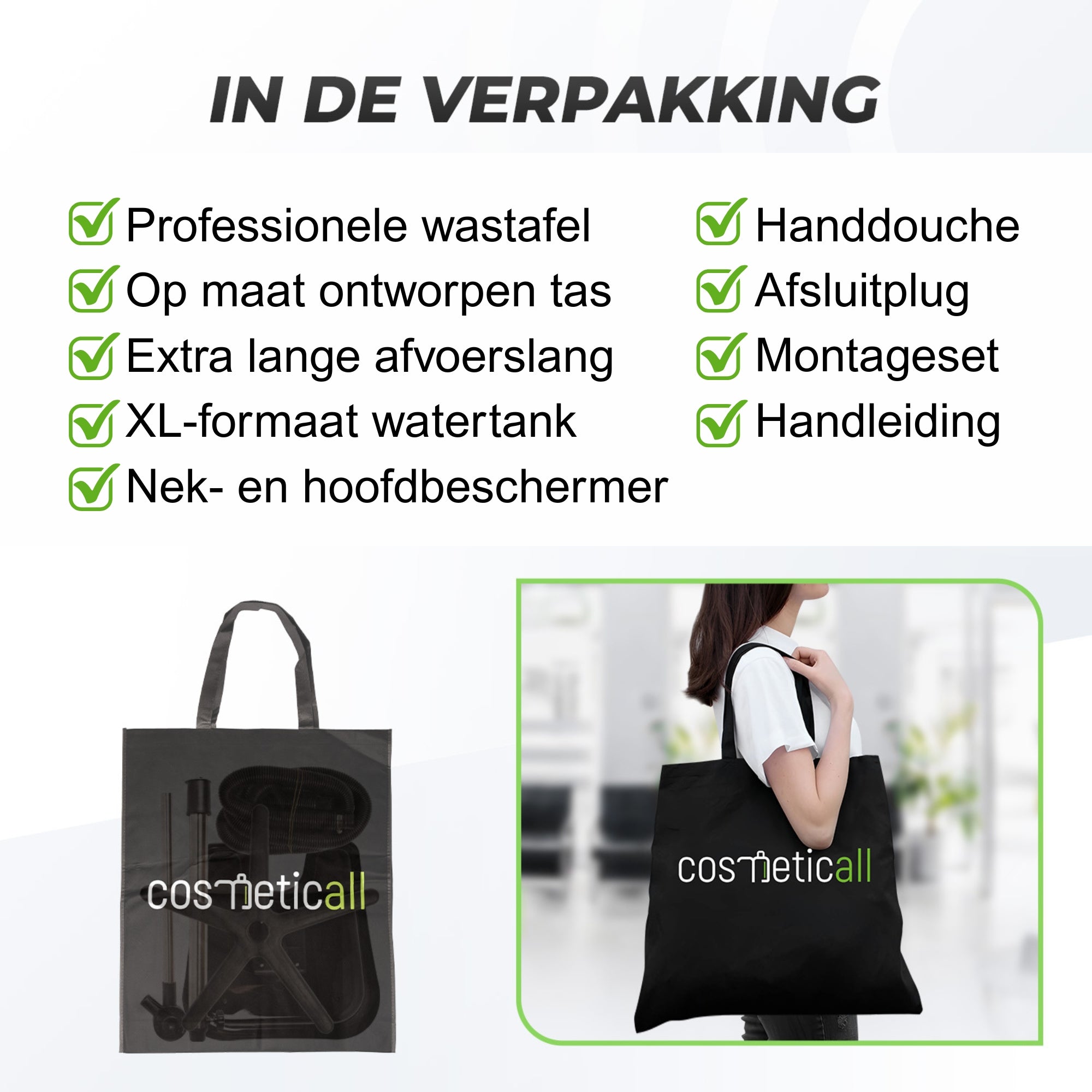 Cosmeticall mobiele wastafel met reistas, watertank, handdouche en neksteun - Voor korte tot middellange haren