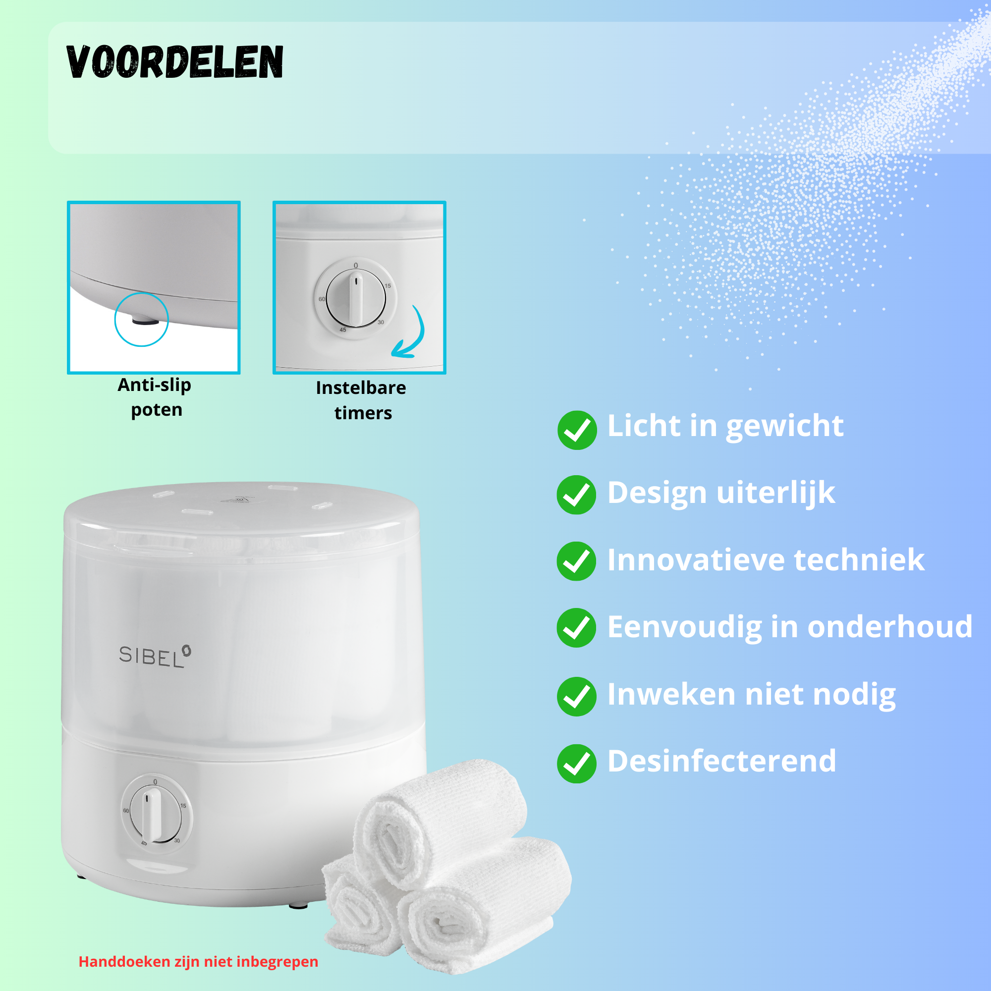 Stijlvolle handdoekverwarmer met anti-slip poten, instelbare timers, een lichtgewicht en een desinfecterende werking