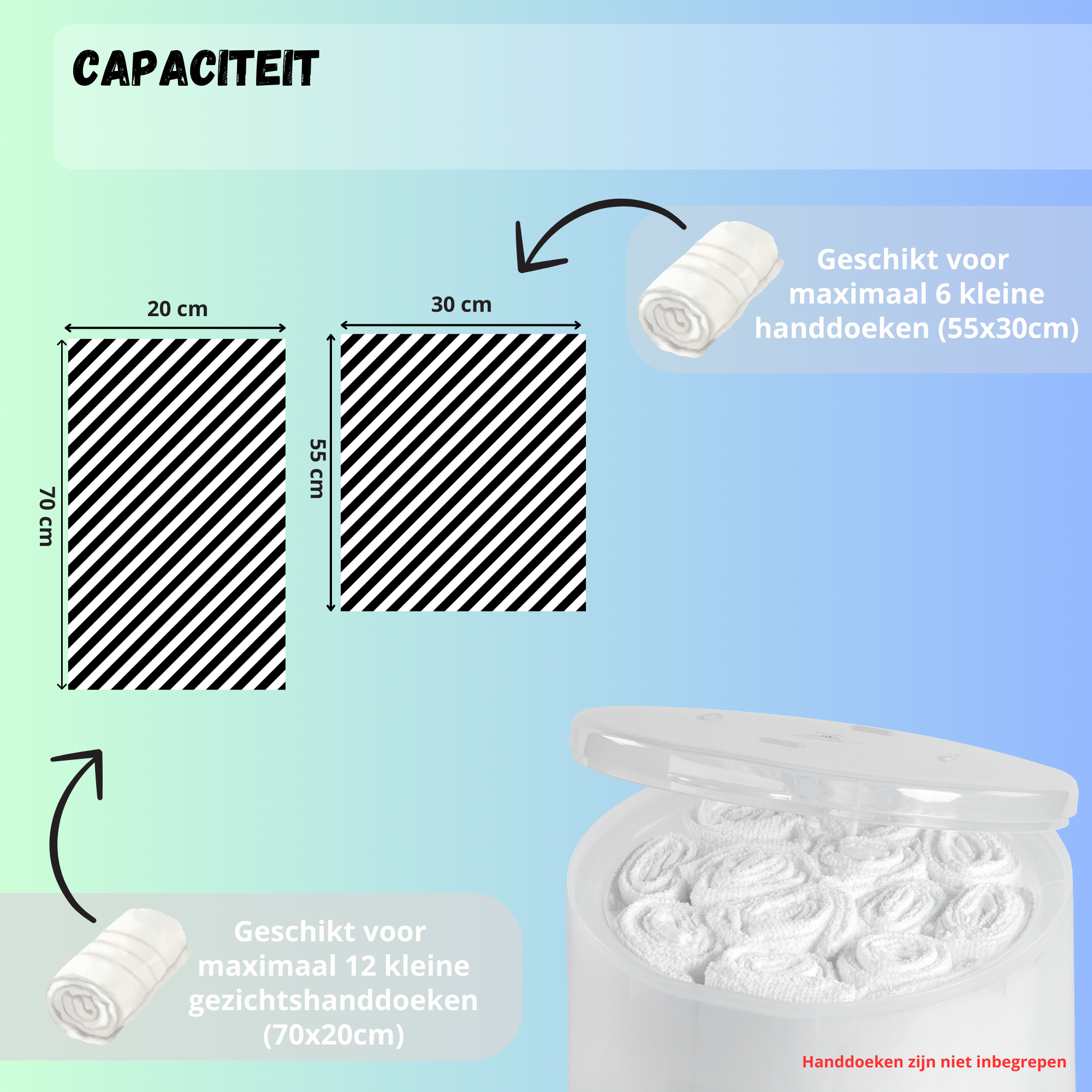 De handdoek stomer heeft een compact formaat, ideaal voor 6 kleine handdoeken (55 x 30 cm) of 12 gezichtshanddoeken (70 x 20 cm)