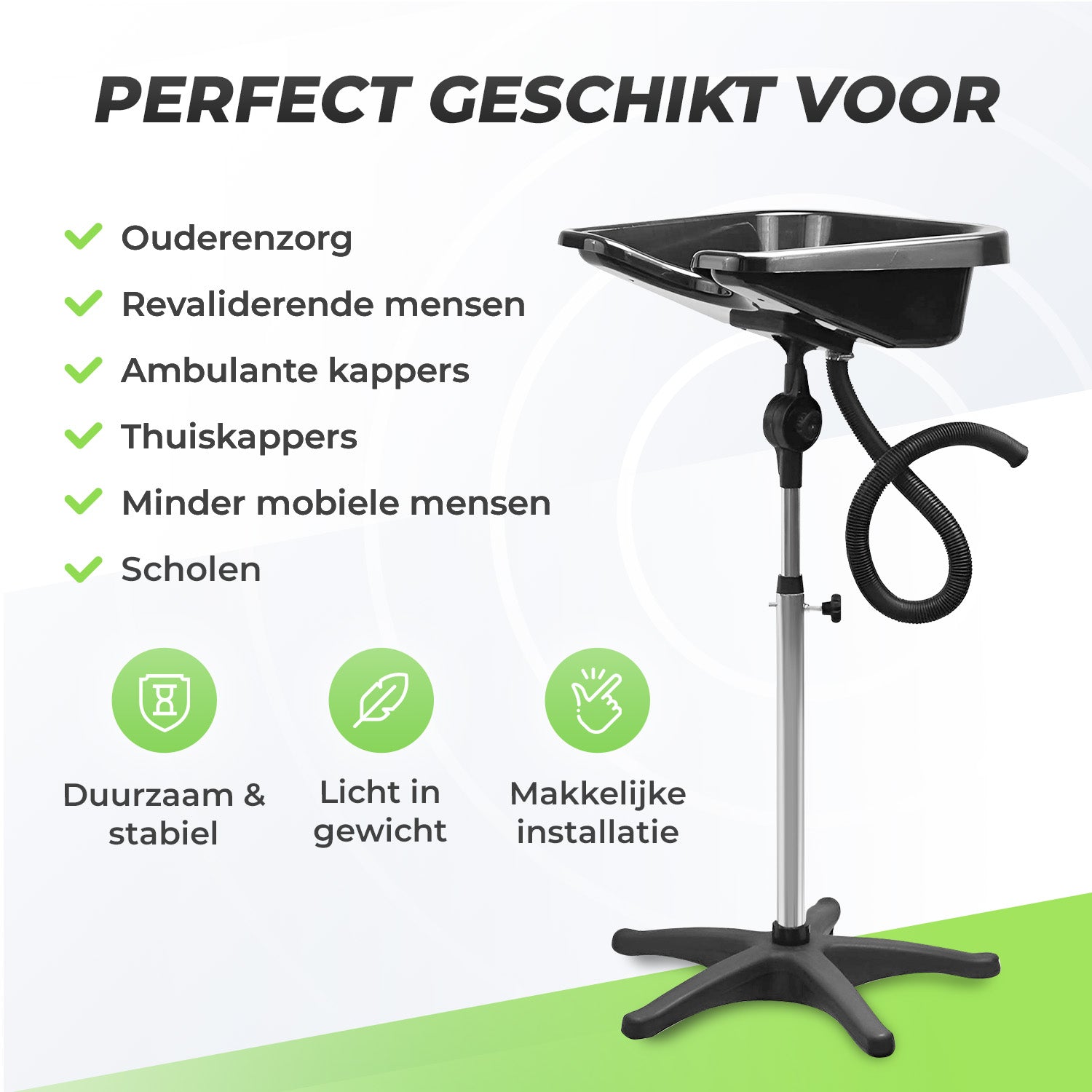 De mobiele wastafel is perfect geschikt voor ouderenzorg, revaliderende mensen, ambulante kappers, thuiskappers, minder mobiele mensen en scholen