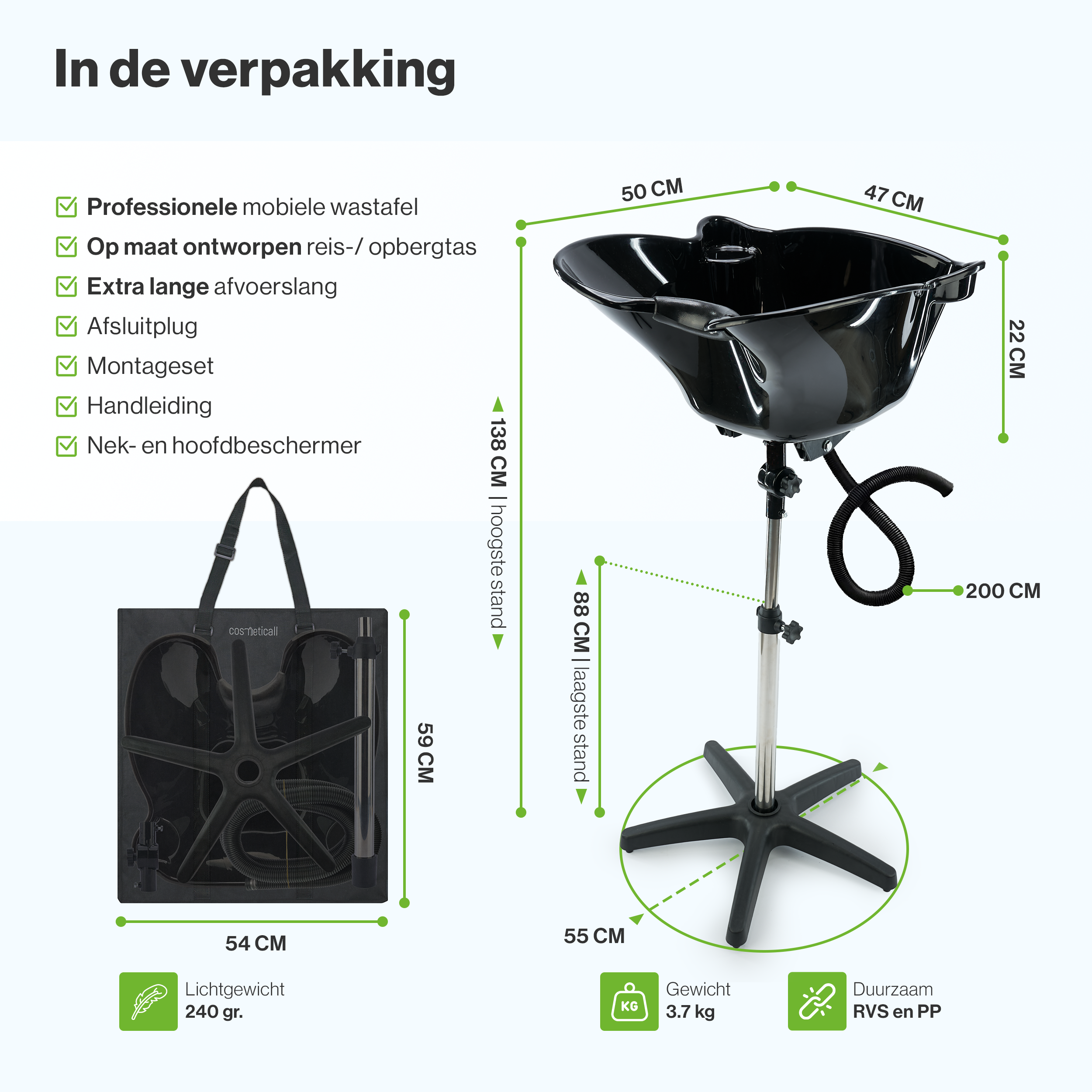 Cosmeticall mobiele wastafel met reistas - Voor langere haren