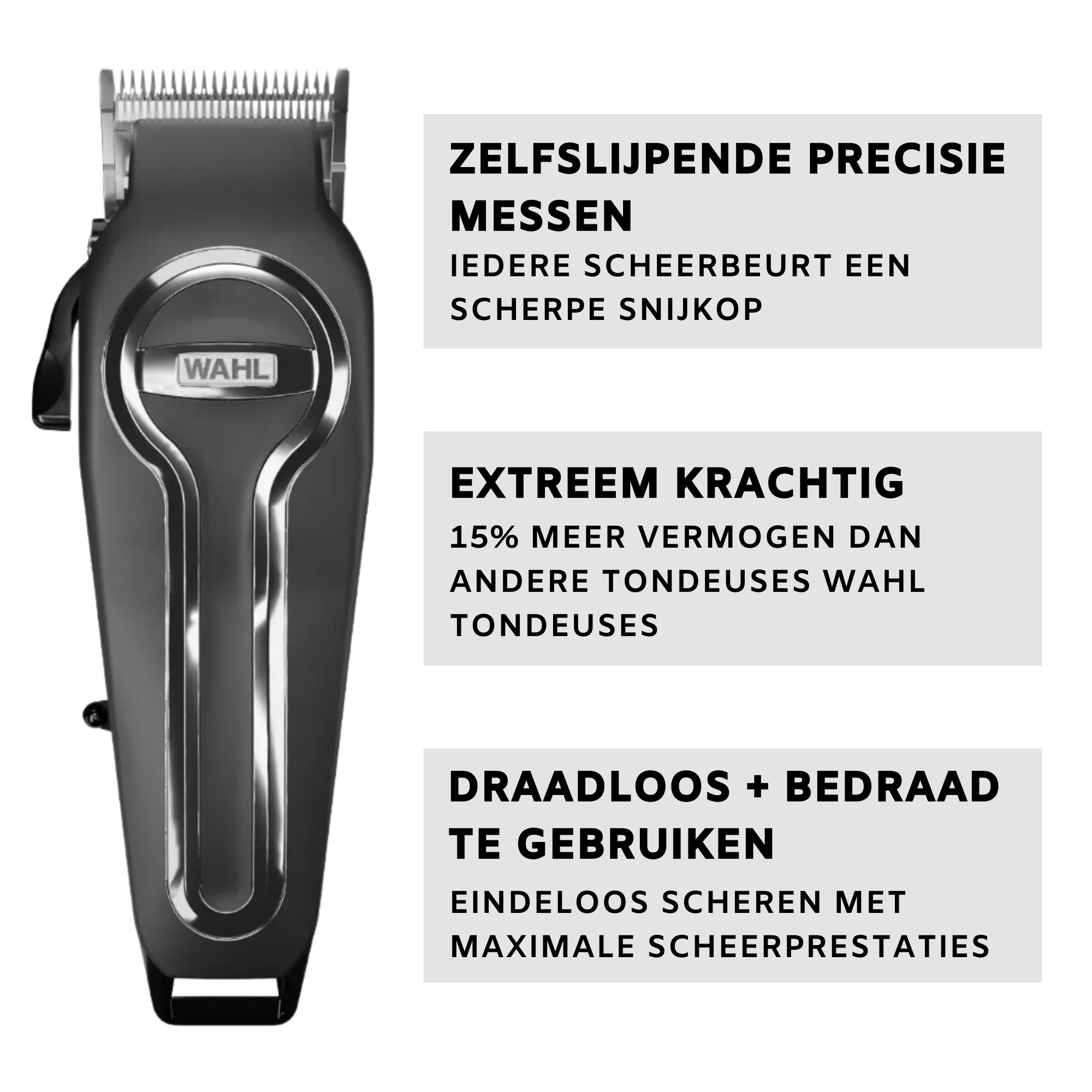 De Wahl Elite pro snoerloze tondeuse is ook bedraad te gebruiken met de bijgeleverde kabel