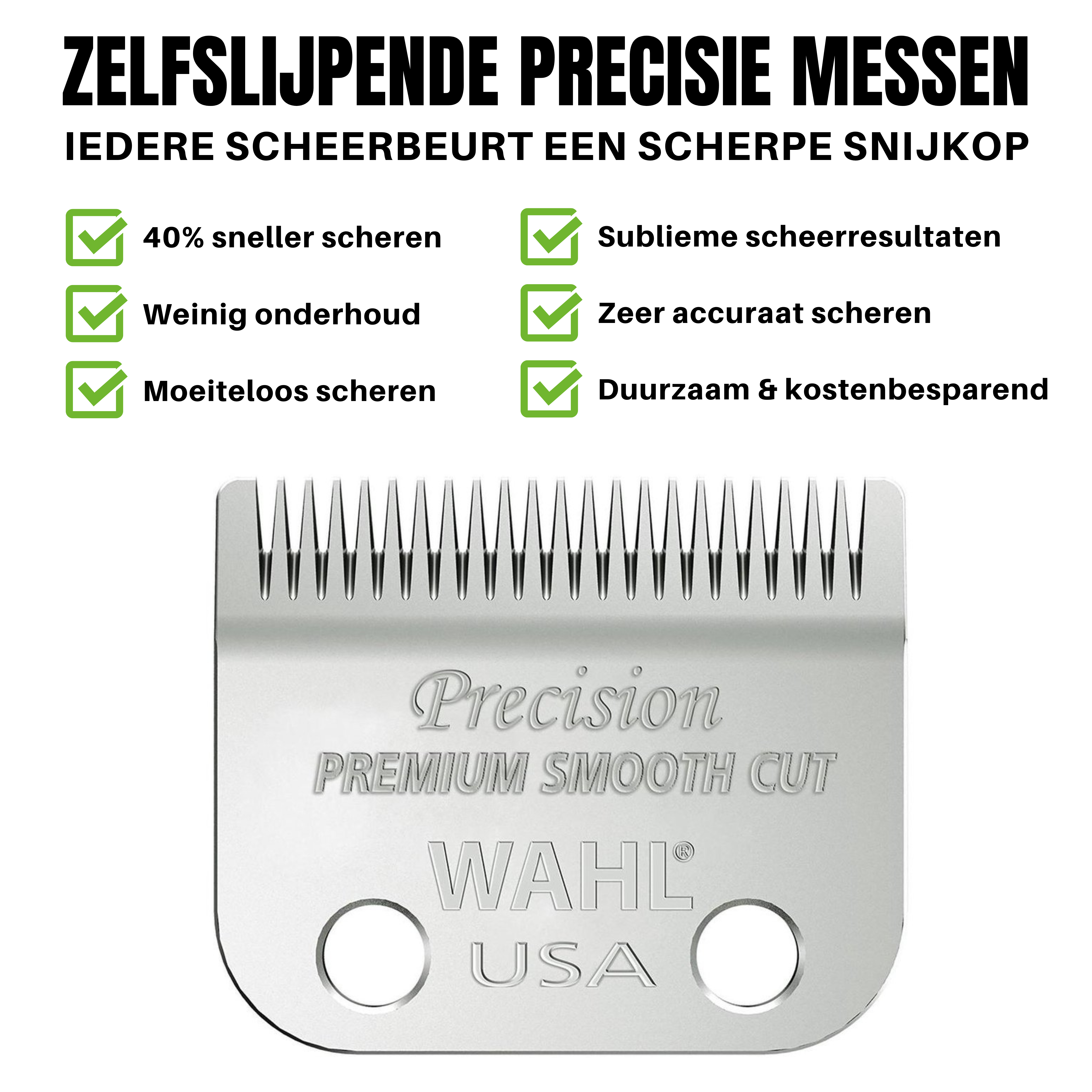 De tondeuse van Wahl is uitgerust met zelfslijpende messen, dit zorgt voor 40% sneller scheren, weinig onderhoud en effectieve scheerresultaten