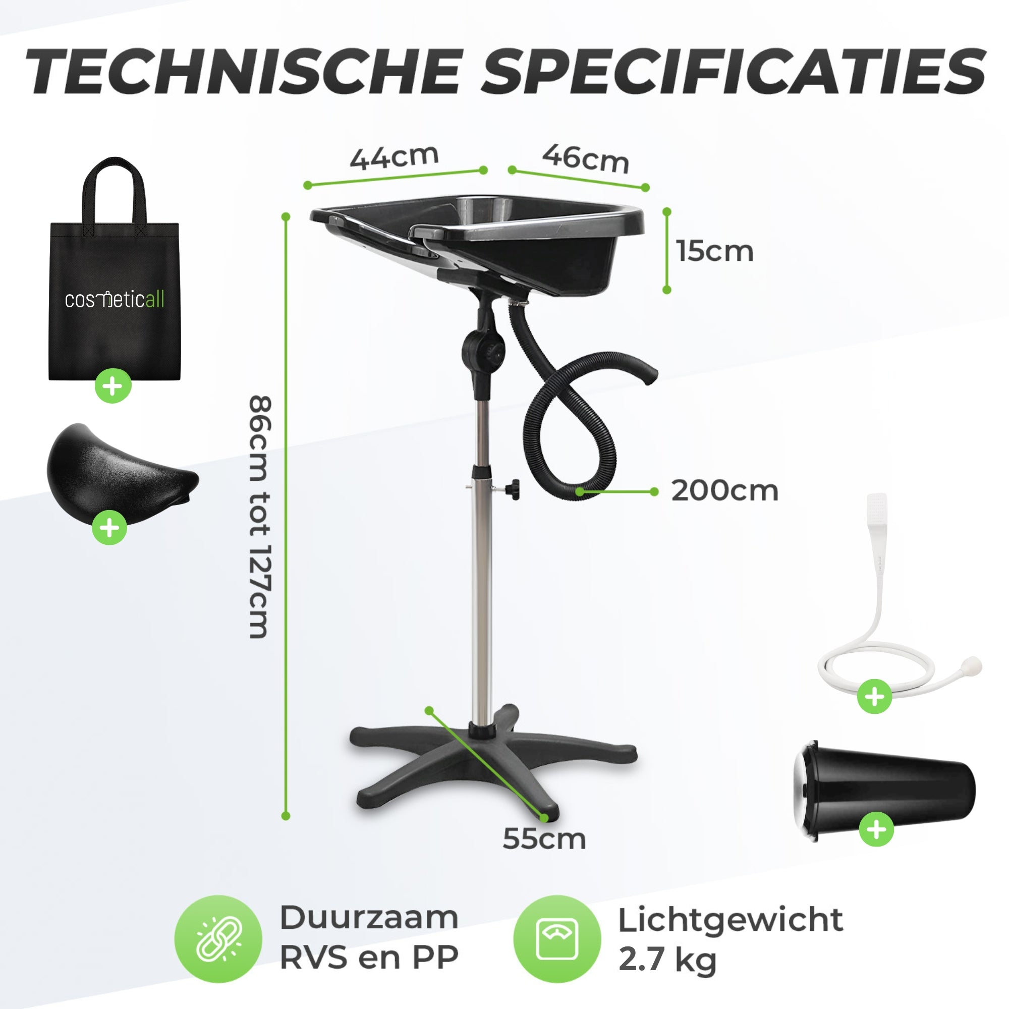 Cosmeticall mobiele wastafel met reistas, watertank, handdouche en neksteun - Voor korte tot middellange haren
