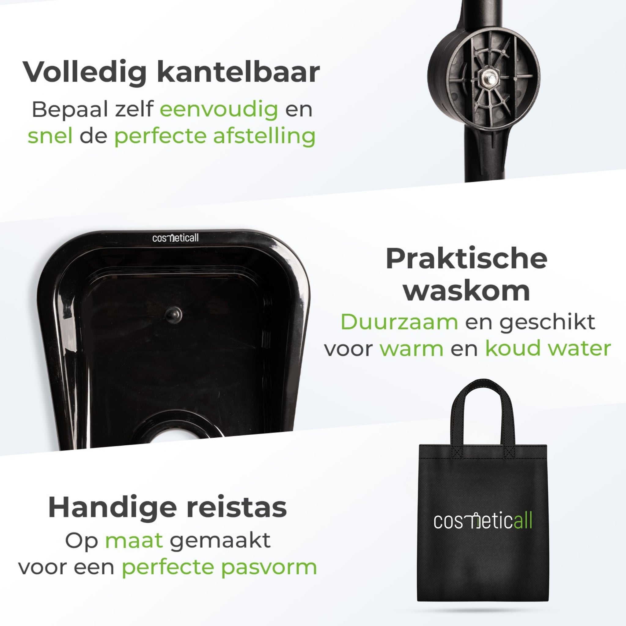 Cosmeticall mobiele wastafel met reistas, watertank, handdouche en neksteun - Voor korte tot middellange haren