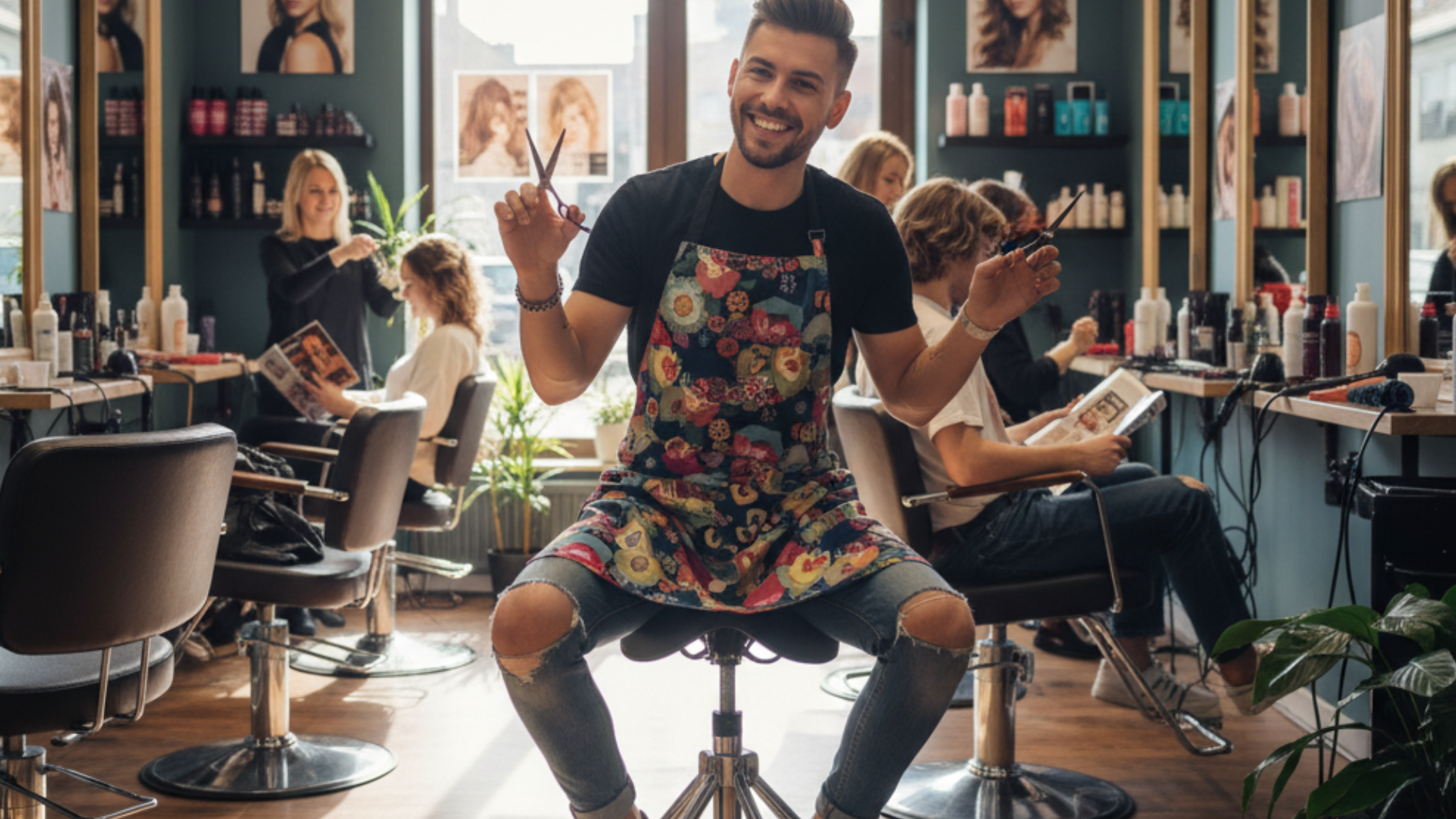 Kapper in moderne salon zit op een ergonomische kappersfiets terwijl hij glimlacht tijdens het werk