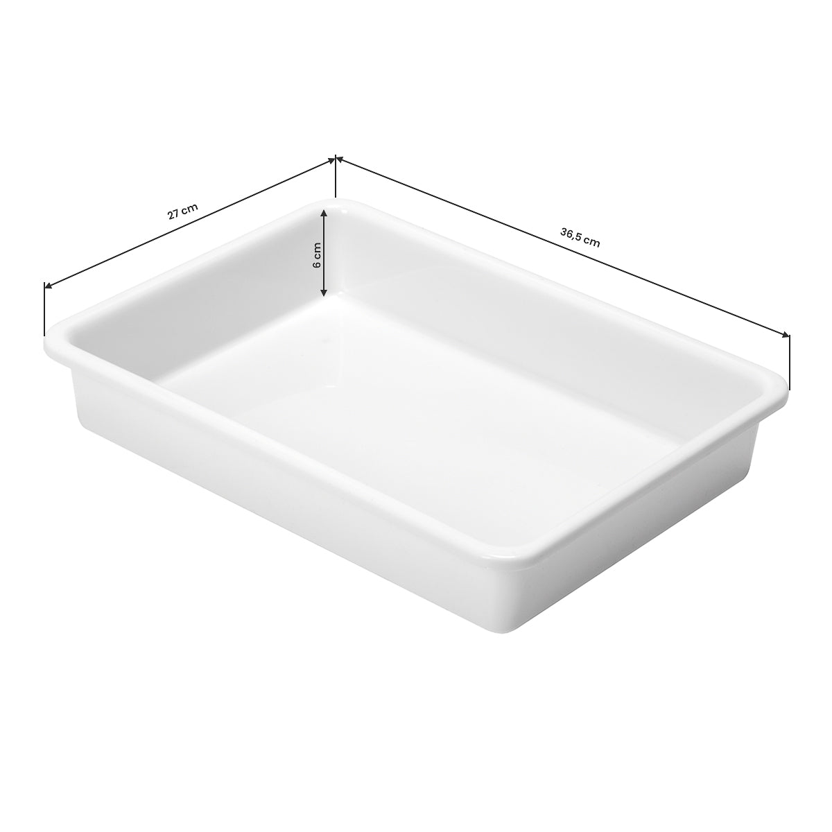 White rectangular plastic tub for beauty station, 36.5 cm by 27 cm with 6 cm depth.