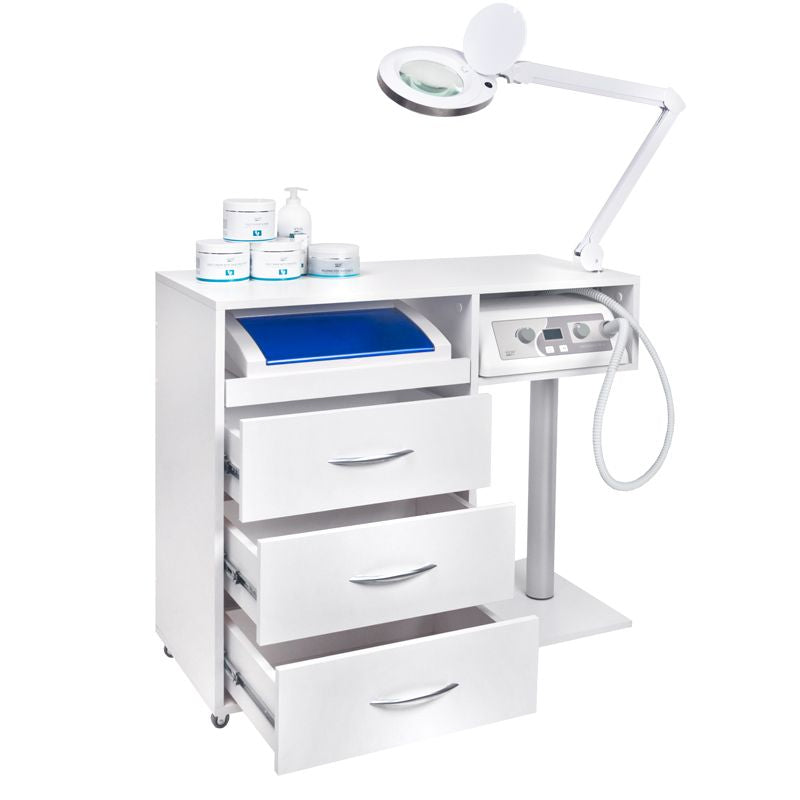 Giovanni pedicure-werkwagen met 3 lades, freesopbergvak, UV-C-lade, lamp met vergrootglas (TUBE), mobiel op wielen