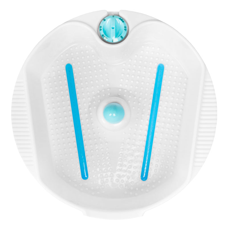 White round pedicure foot spa with blue control dial and textured non-slip surface.