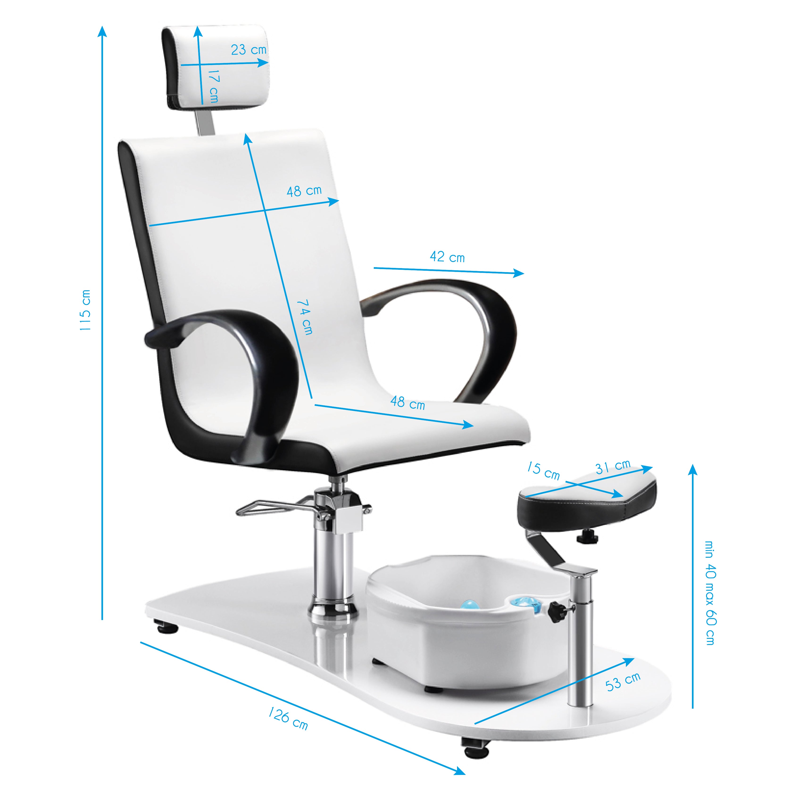 Gabbiano Pedicure Chair with built-in massage, adjustable height, ergonomic footrest, and white eco-leather upholstery.