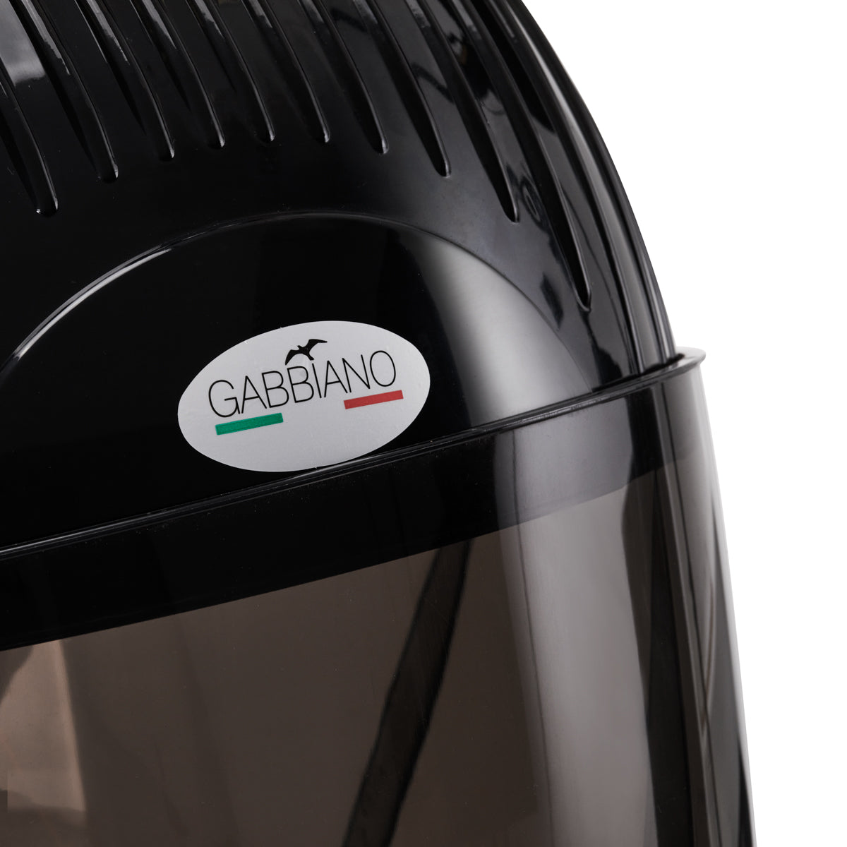 Gabbiano Centurion staande haardroger met hoogteverstelling 123–153 cm en transparante kap, logo op zwart oppervlak.