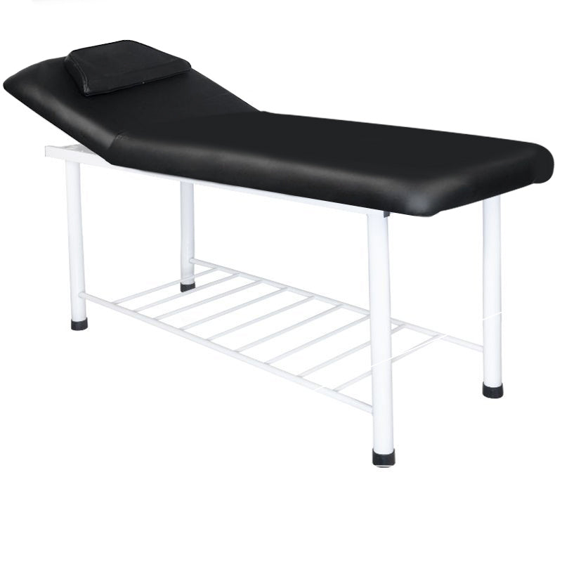 Activ Basic Massage Table with a powder-coated steel frame, black faux leather upholstery, and a lower shelf.