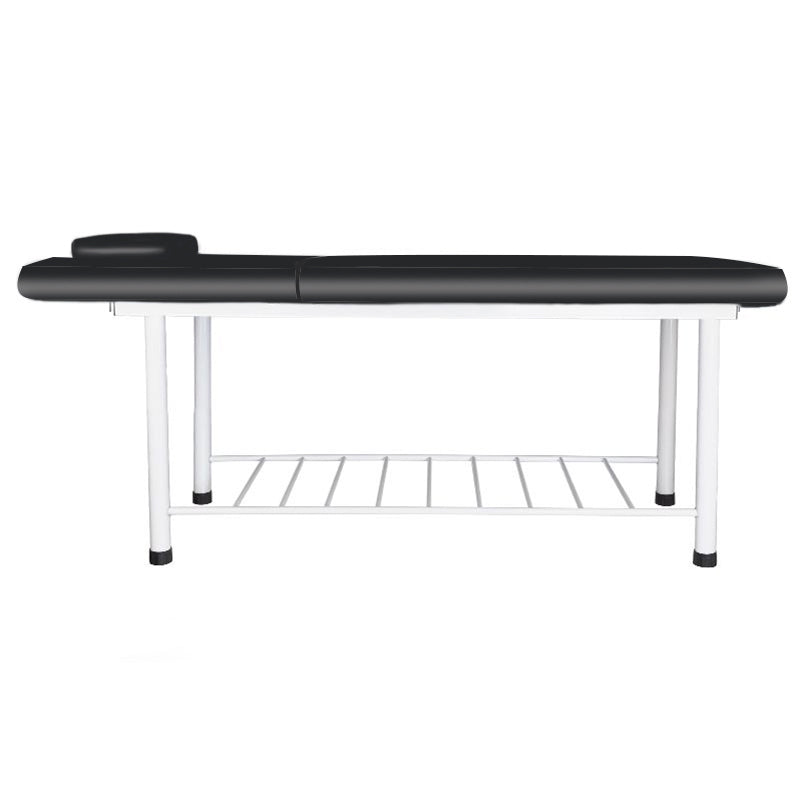 Activ Basic massage table with black padded top, white powder-coated frame, adjustable headrest, and lower shelf.