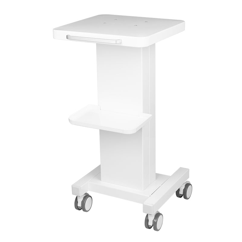 Witte verrijdbare werktafel met wielen en rem, met bovenblad en aparte plank, ideaal voor cosmetische apparaten.