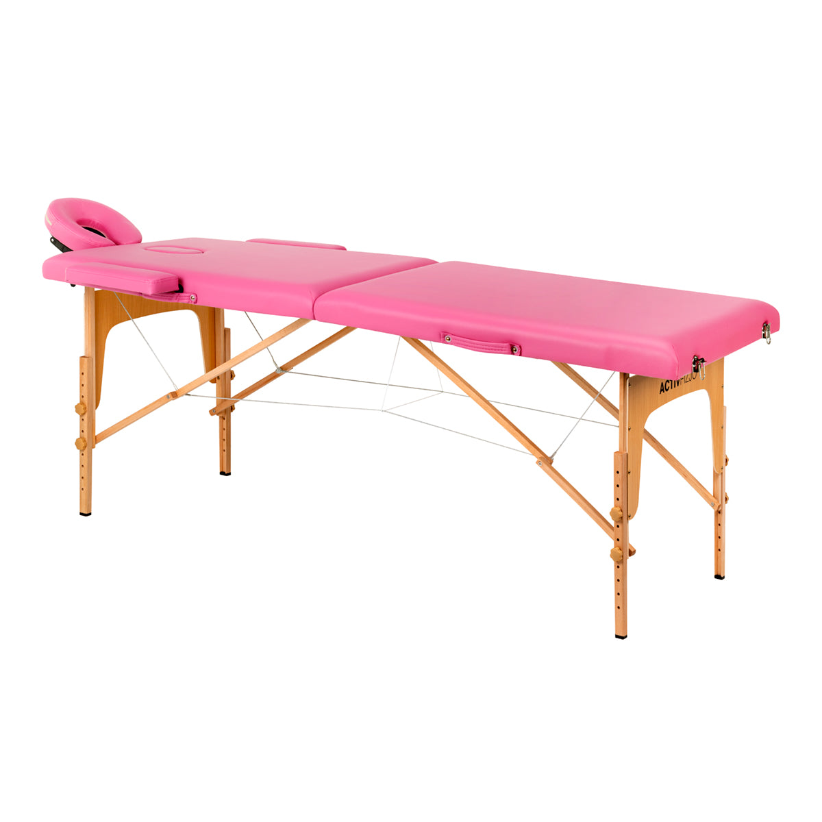 Roze houten inklapbare massagetafel Activ Fizjo Komfort, twee segmenten, met verstelbare hoofdsteun.