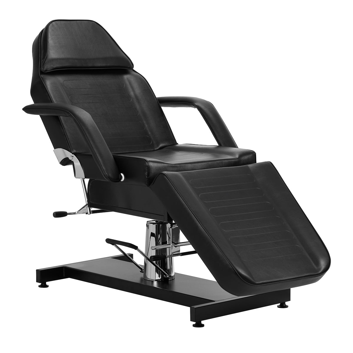 Black hydraulic treatment chair with adjustable height and full reclining leg rest for salons or studios.