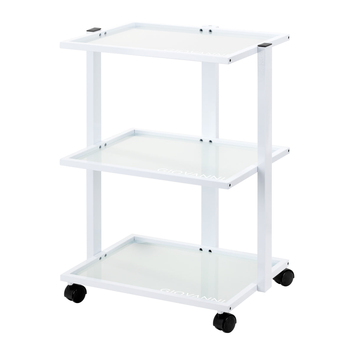 Giovanni verrijdbare werktafel, lichtgewicht voor professioneel gebruik, drie niveaus met glazen platen en wielen.