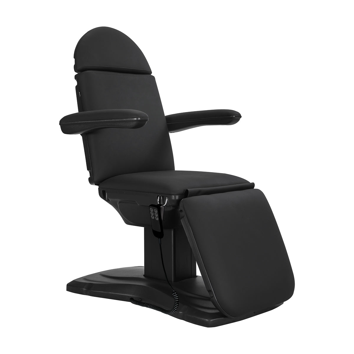 Sillon Eclipse Electric Treatment Chair with remote for height, backrest, leg support, and padded armrests.