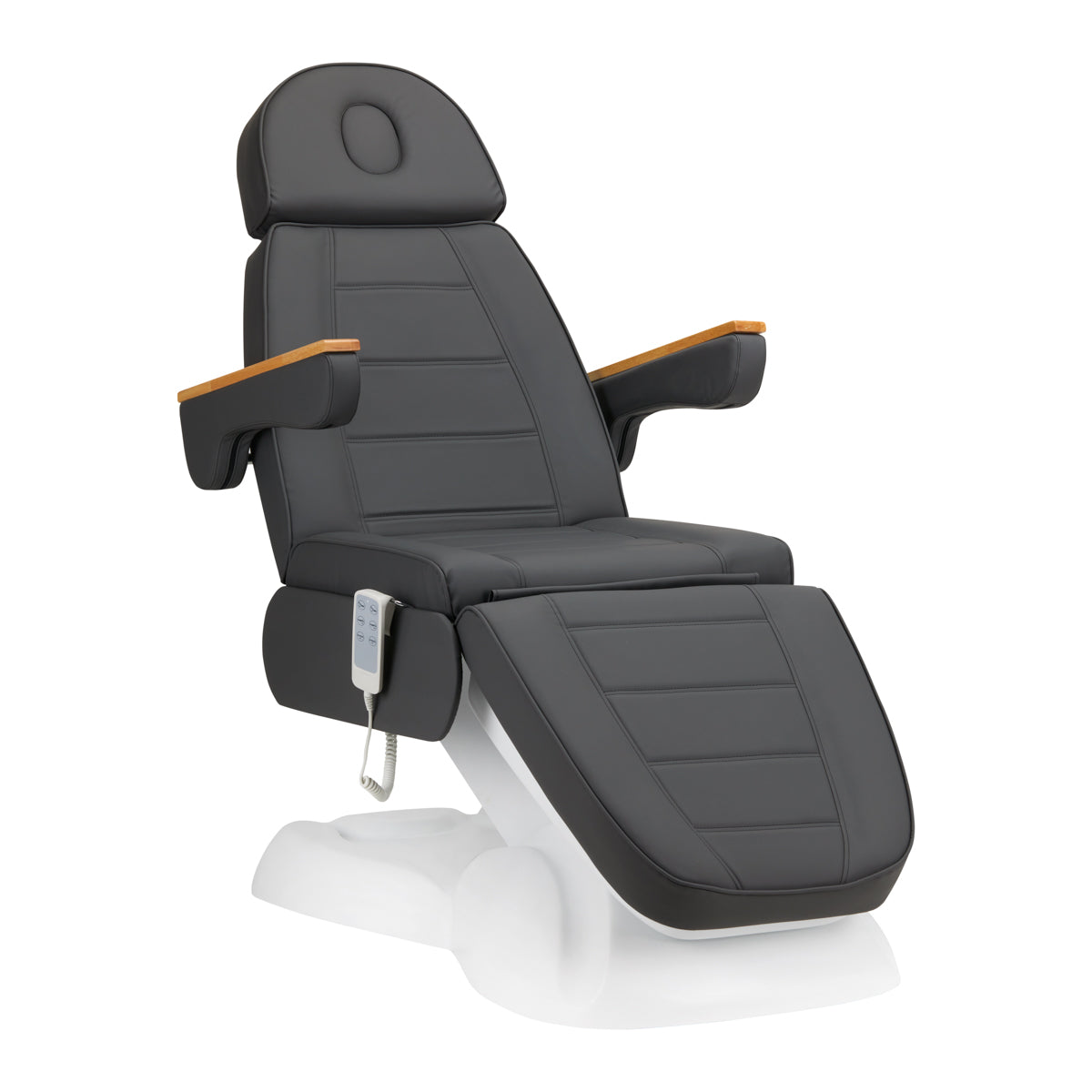 Lux 273B electric treatment chair with three quiet motors, remote, wide seat, footrest, and wooden armrests.