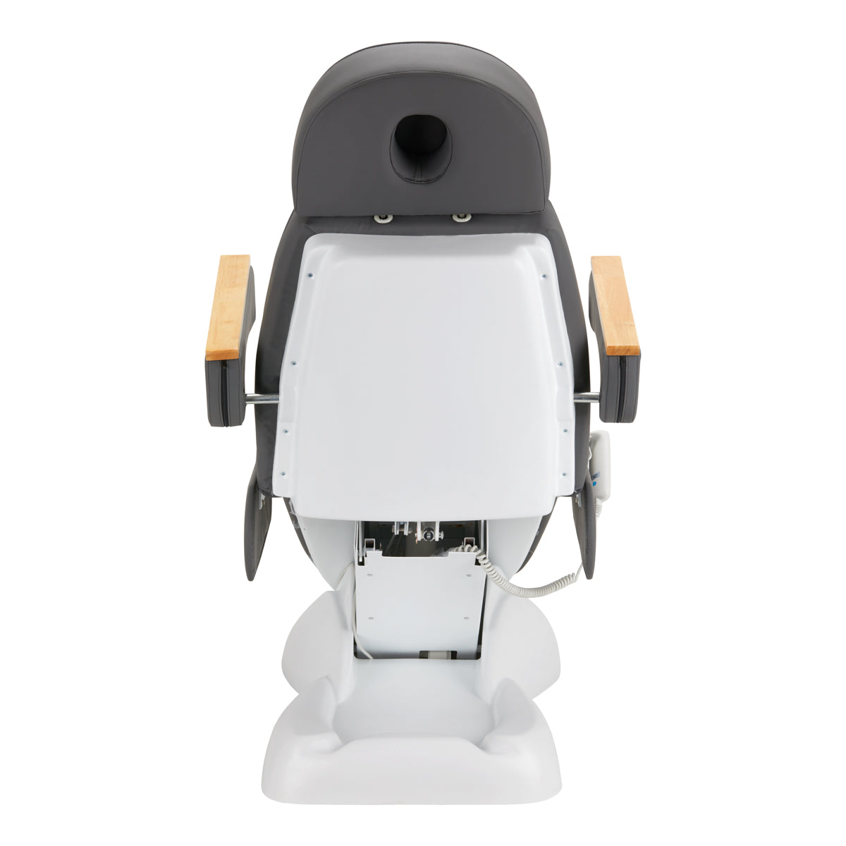 Sillon Lux 273B electric treatment chair with ergonomic support, three silent motors, and wooden armrests.