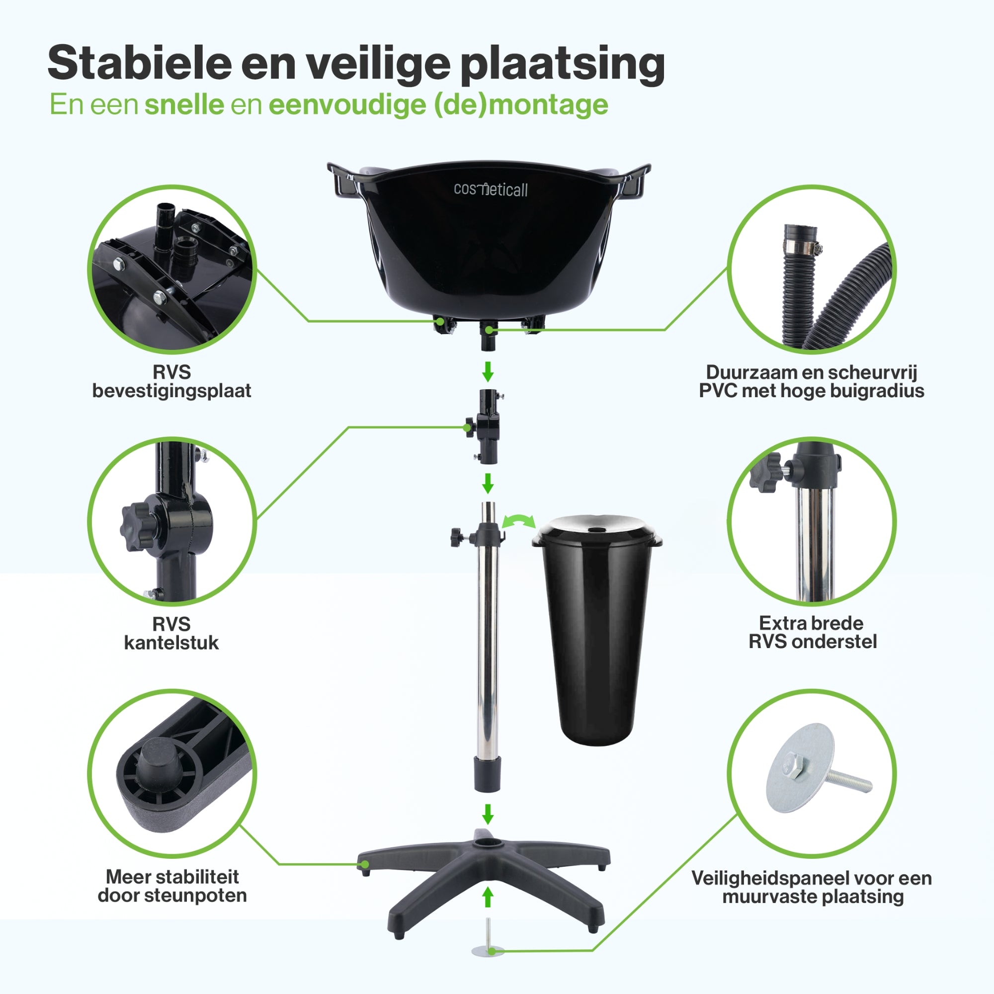 Cosmeticall mobiele wastafel met reistas, watertank, handdouche en neksteun - Voor langere haren